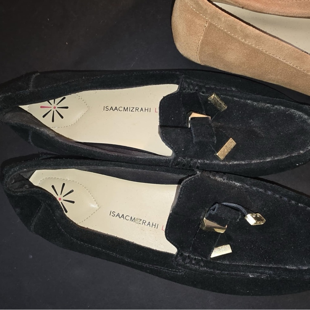Isaac Mizrahi Black Velvet Loafers with Gold Accents